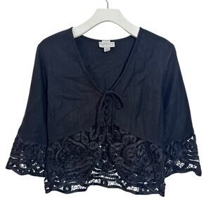 Talbots Collection Linen Pop Over Top Women 8 Black Sheer Lace Hem Dark Romantic